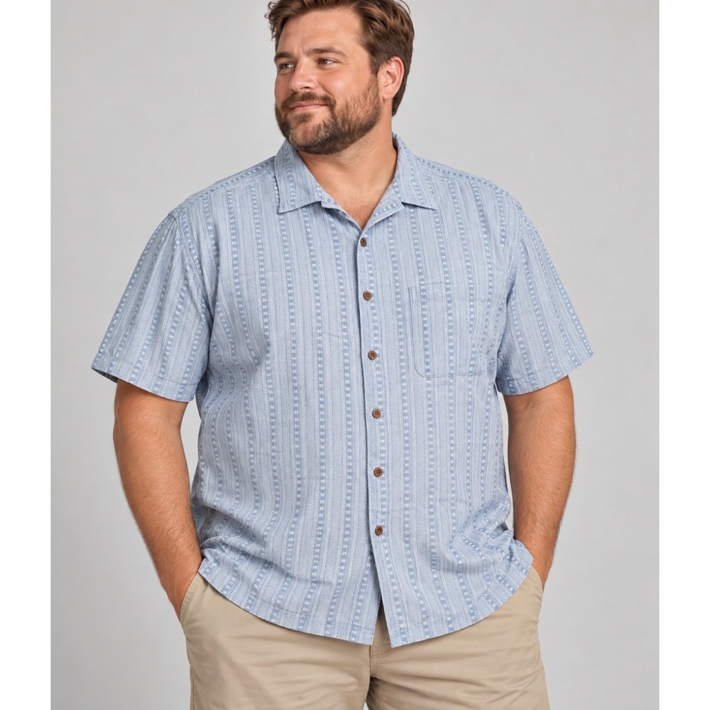 Joseph & Feiss Mens 3X Silk Short Sleeve Button Up Shirt Blue Herringbone Stripe